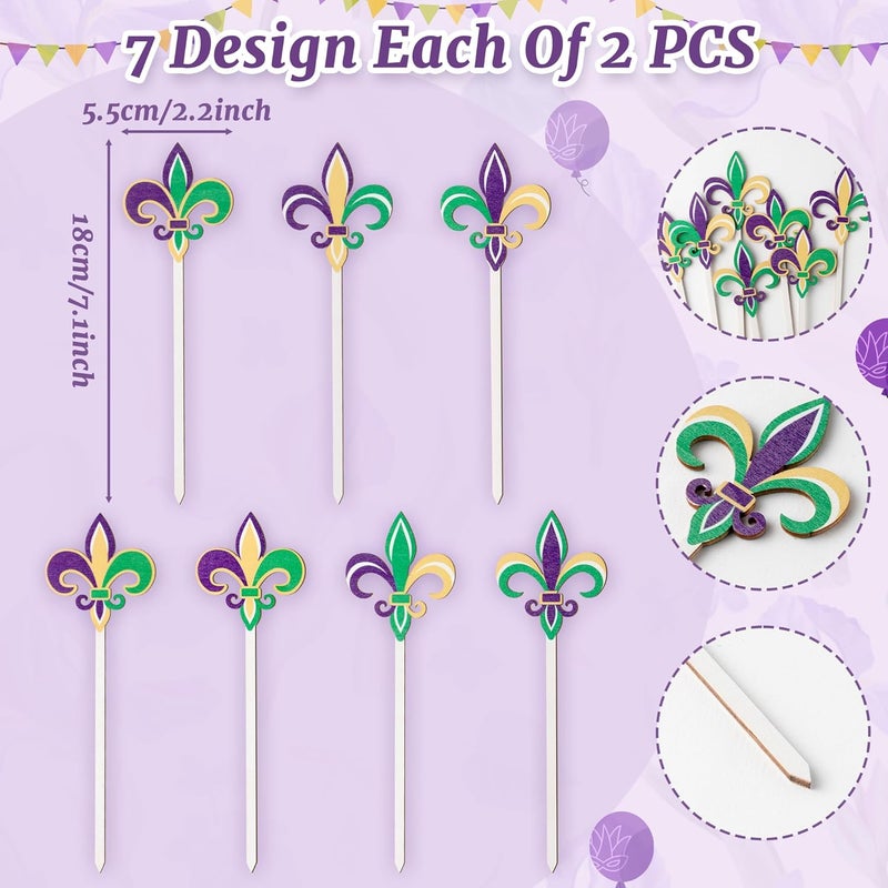 TICIAGA Carnival Iris Wooden Picks - 14PCS Circus Iris Double-Sided Wooden Decorative Picks for Home Vase Filler Mardi Gras Colorful Iris Wooden Picks Decor for Carnival Party Decorations Supplies - Image 2